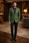 Mens Green Wool Blazer Slim Fit Casual Two Button Classic Jacket for Men