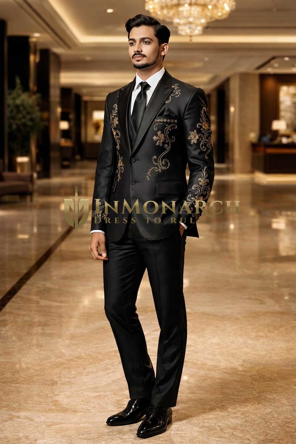 Mens Black 3 Piece Peak Lapel Tuxedo Gold Embroidered Wedding Outfit Set