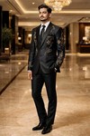 Mens Black 3 Piece Peak Lapel Tuxedo Gold Embroidered Wedding Outfit Set