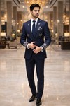 Mens Navy Blue 2 Piece Suit Gold Embroidered Wedding Formal Outfit Set