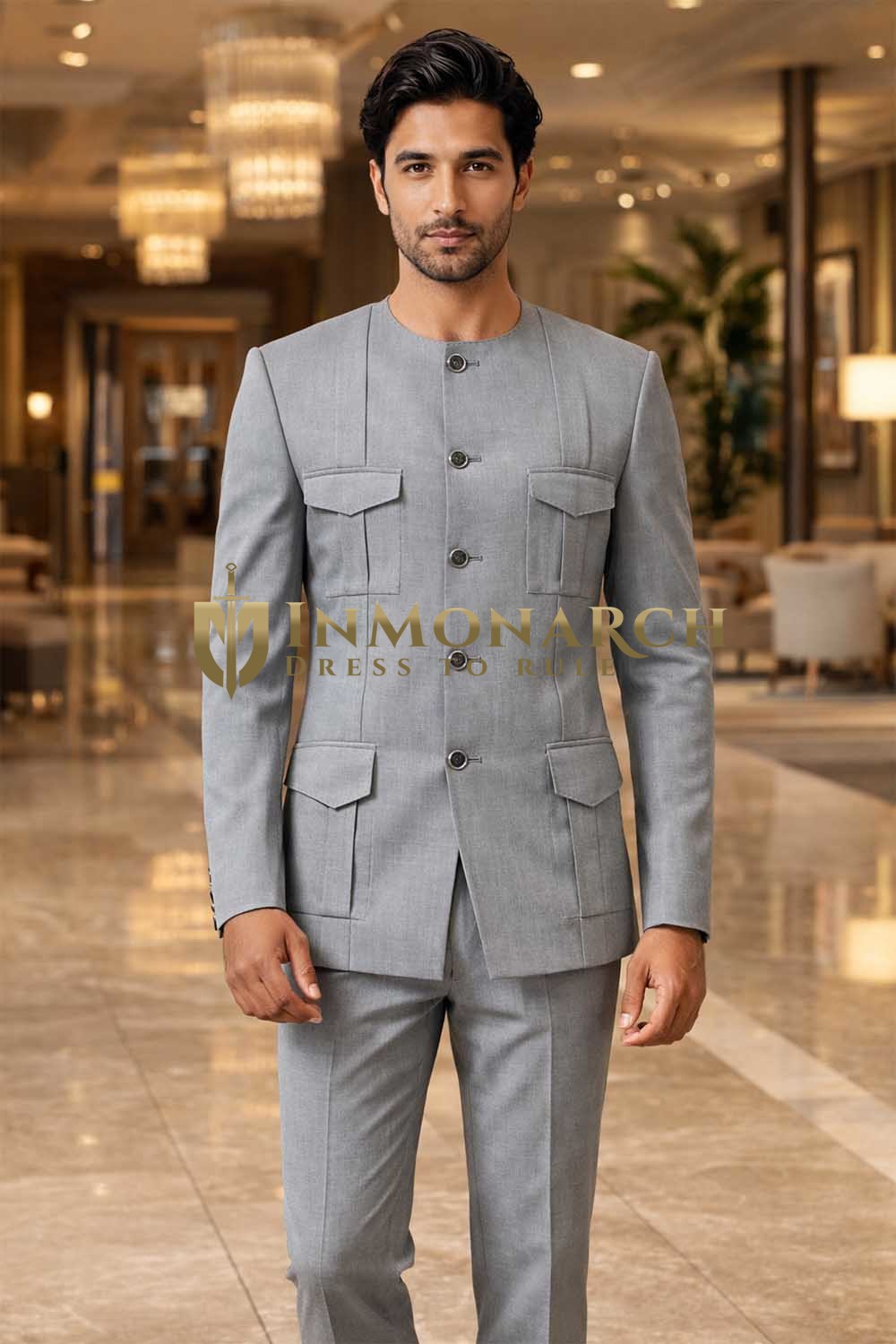 Mens Gray 2 Piece Suit Band Collar Formal Wedding Modern Outfit Set