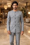 Mens Gray 2 Piece Suit Band Collar Formal Wedding Modern Outfit Set