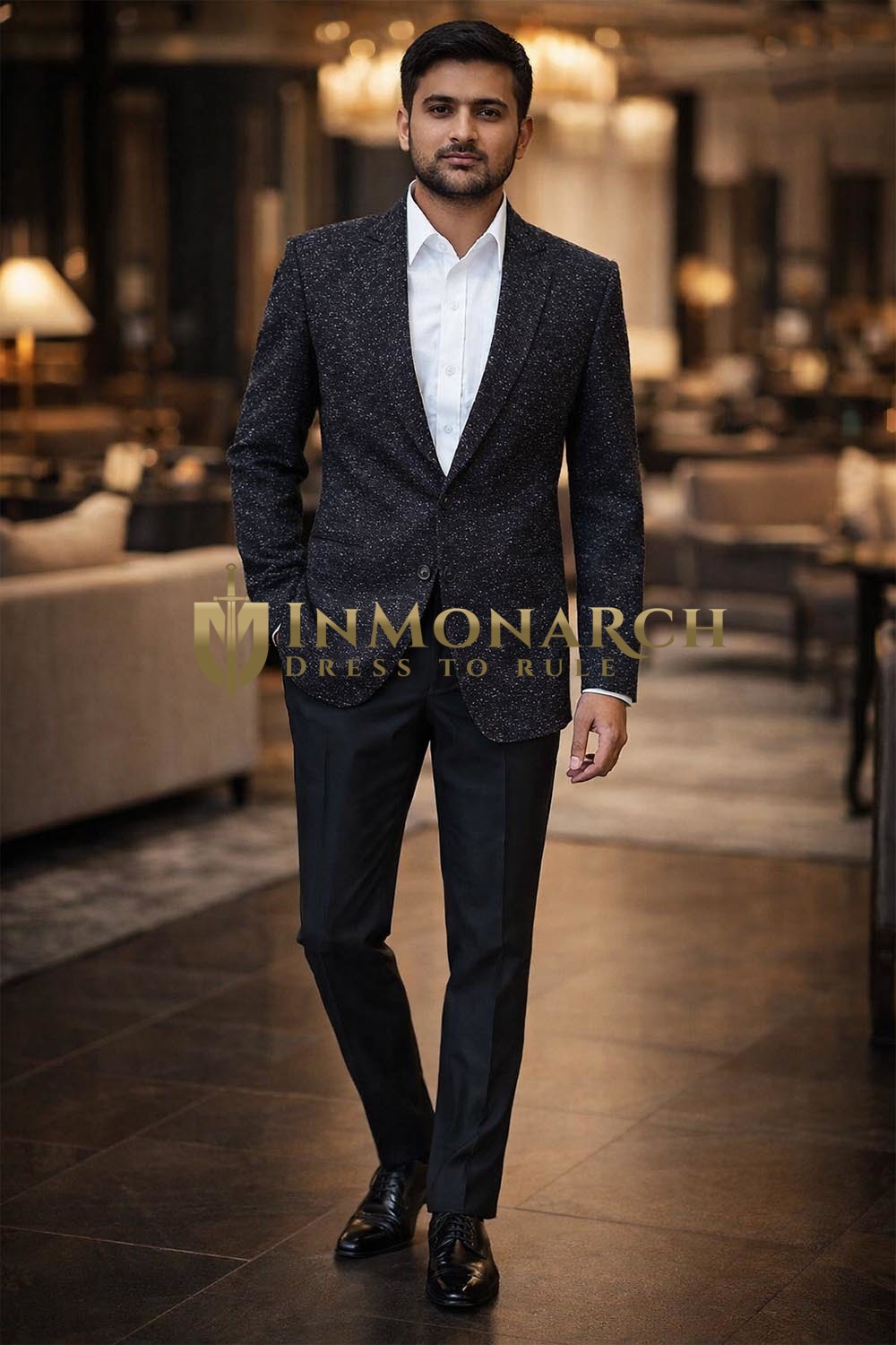 Mens Black Textured Blazer Slim Fit Casual Two Button Formal Jacket for Men