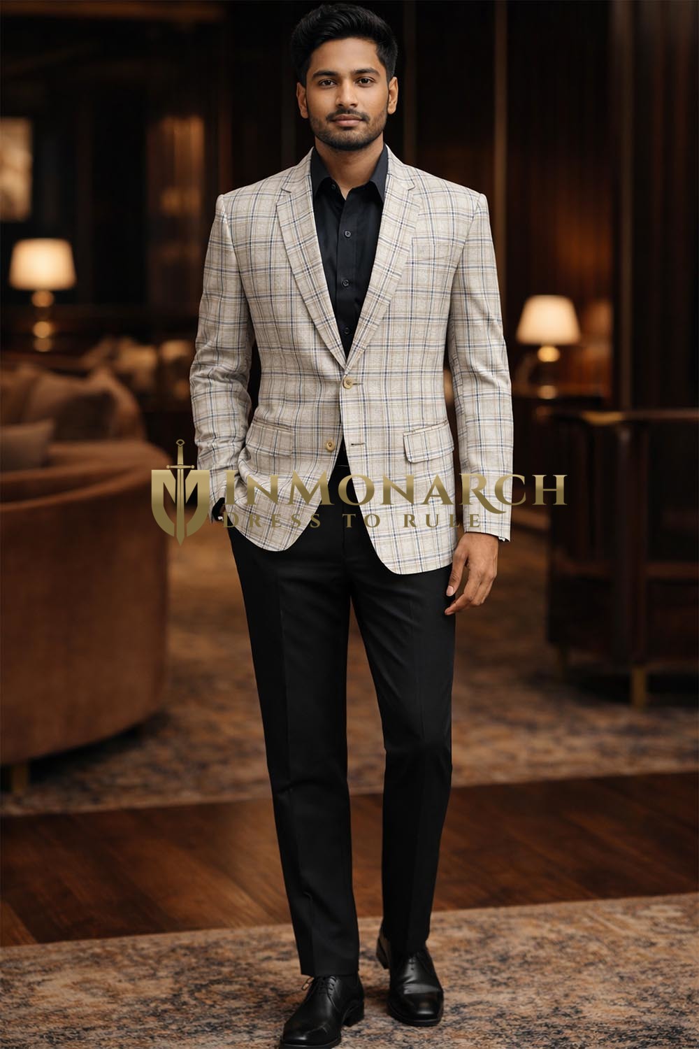 Mens White Check Blazer Slim Fit Casual Two Button Classic Jacket for Men