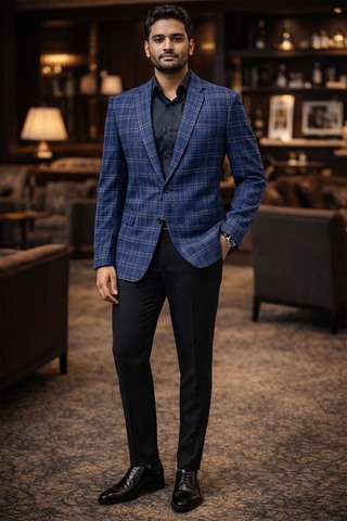 Blazer bleu col cranté tweed homme