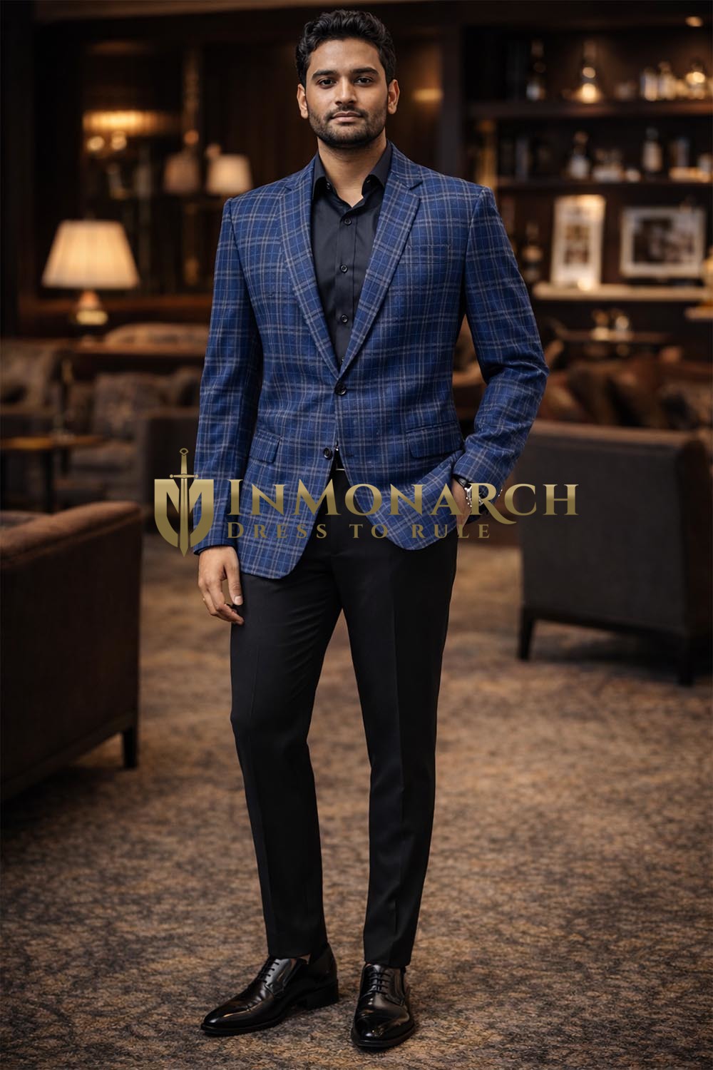 Mens Blue Check Blazer Slim Fit Casual Two Button Tweed Style Jacket Men