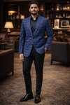 Mens Blue Check Blazer Slim Fit Casual Two Button Tweed Style Jacket Men