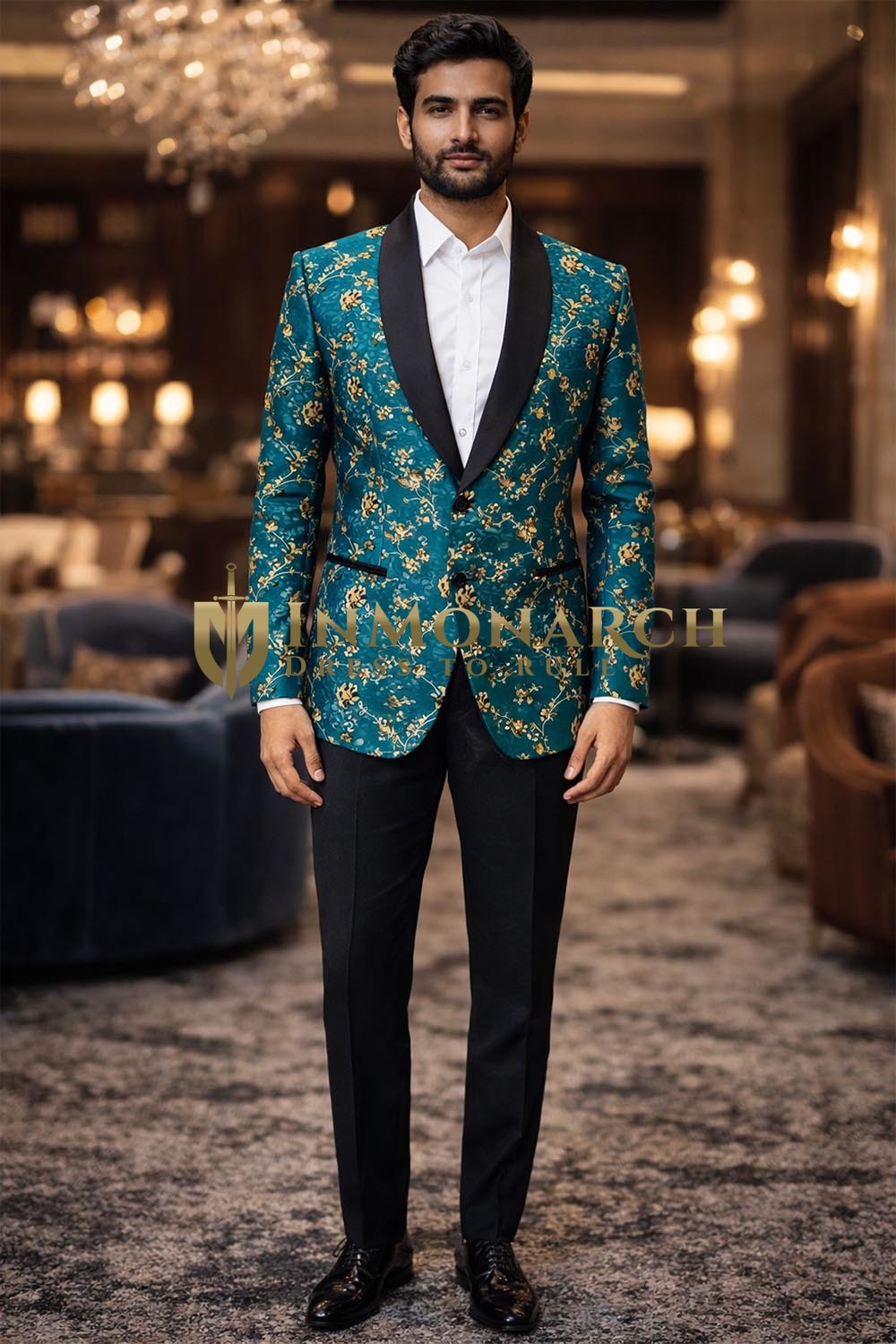 Mens Green Jacquard Shawl Lapel Blazer Slim Fit Designer Party Wear Jacket