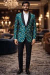 Mens Green Jacquard Shawl Lapel Blazer Slim Fit Designer Party Wear Jacket
