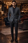 Mens Grey Check Blazer Slim Fit Casual Two Button Tweed Style Jacket Men