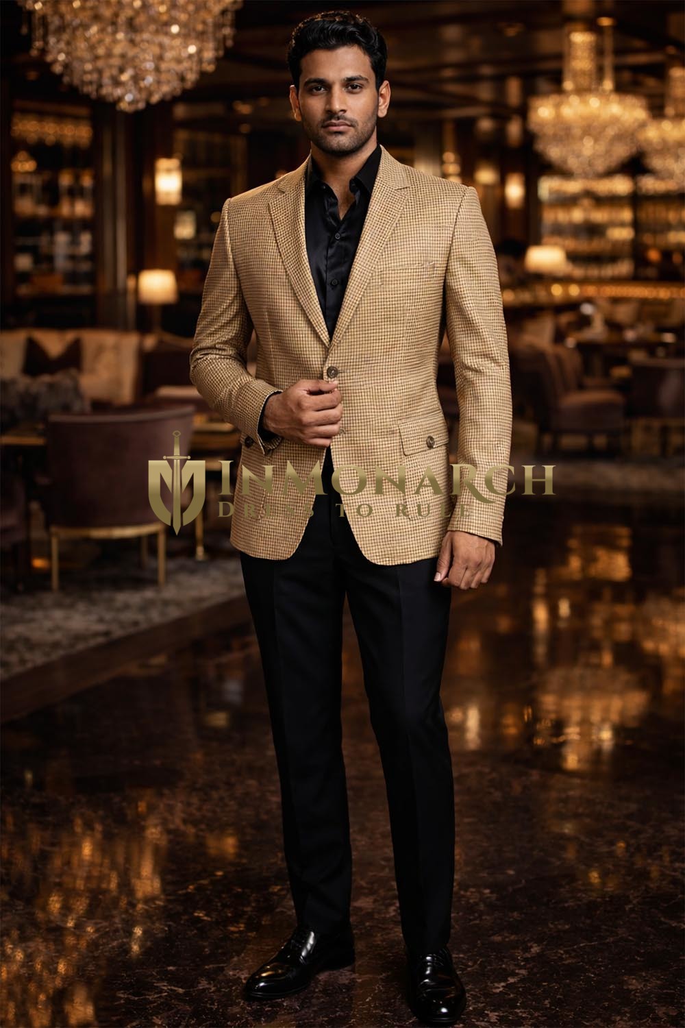 Mens Brown Check Blazer Slim Fit Casual Two Button Designer Jacket for Men