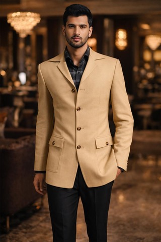 Mens Tan Safari Blazer Slim Fit Casual Four Button Wool Jacket for Men