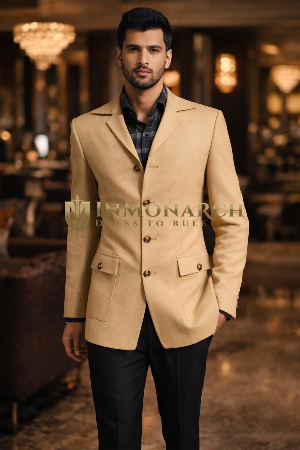 Mens Tan Safari Blazer Slim Fit Casual Four Button Wool Jacket for Men