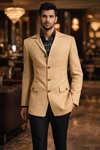 Mens Tan Safari Blazer Slim Fit Casual Four Button Wool Jacket for Men