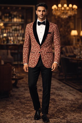 Blazer brodé grenat col satin noir