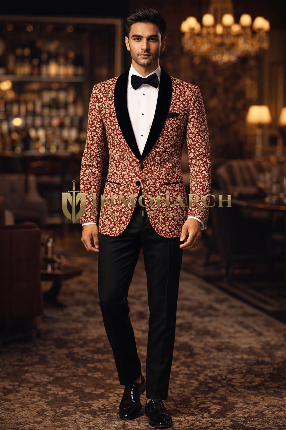 Mens Maroon Brocade Shawl Lapel Blazer Slim Fit Wedding Designer Jacket