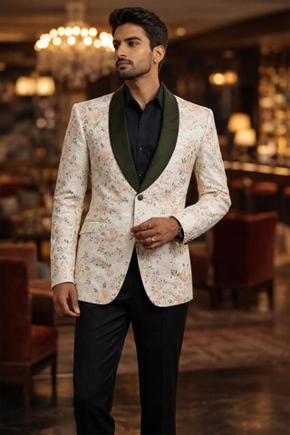 Veste smoking ethnique homme vert blanc