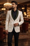 Mens Off White Floral Shawl Lapel Blazer Slim Fit Wedding Party Jacket