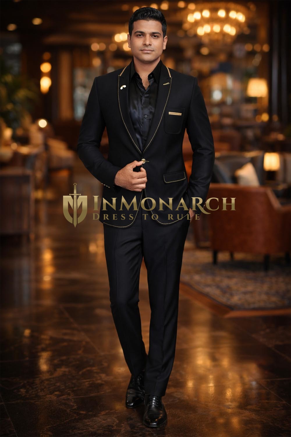 Mens Black Shawl Lapel Blazer Slim Fit Gold Piping Formal Party Jacket