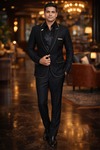 Mens Black Shawl Lapel Blazer Slim Fit Gold Piping Formal Party Jacket