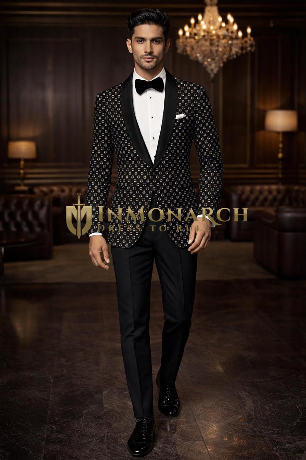 Mens Black Printed Shawl Lapel Blazer Slim Fit Cocktail Party Jacket Wear