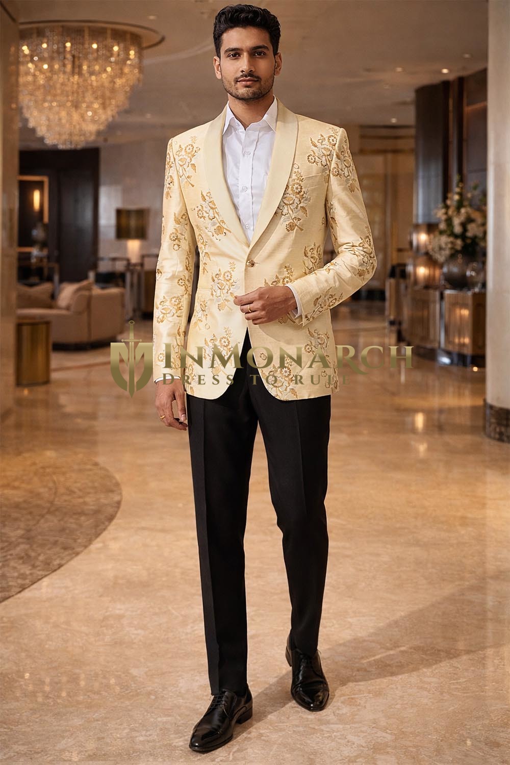 Mens Gold Embroidered Tuxedo Blazer Shawl Lapel Wedding Party Jacket Wear