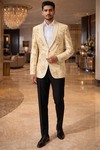 Mens Gold Embroidered Tuxedo Blazer Shawl Lapel Wedding Party Jacket Wear