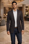 Mens Red Brown Check Blazer Slim Fit Casual Formal Jacket for Men Style