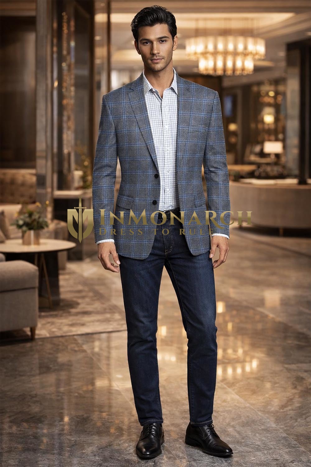 Veste homme classique à carreaux gris bleu