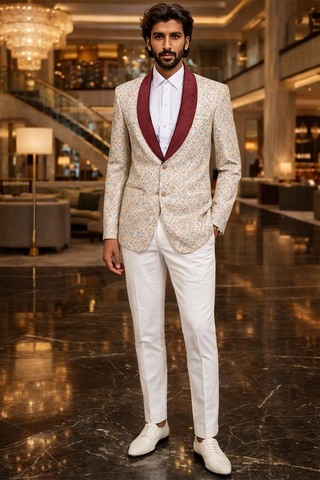 Veste smoking velours rouge brodée fleurs