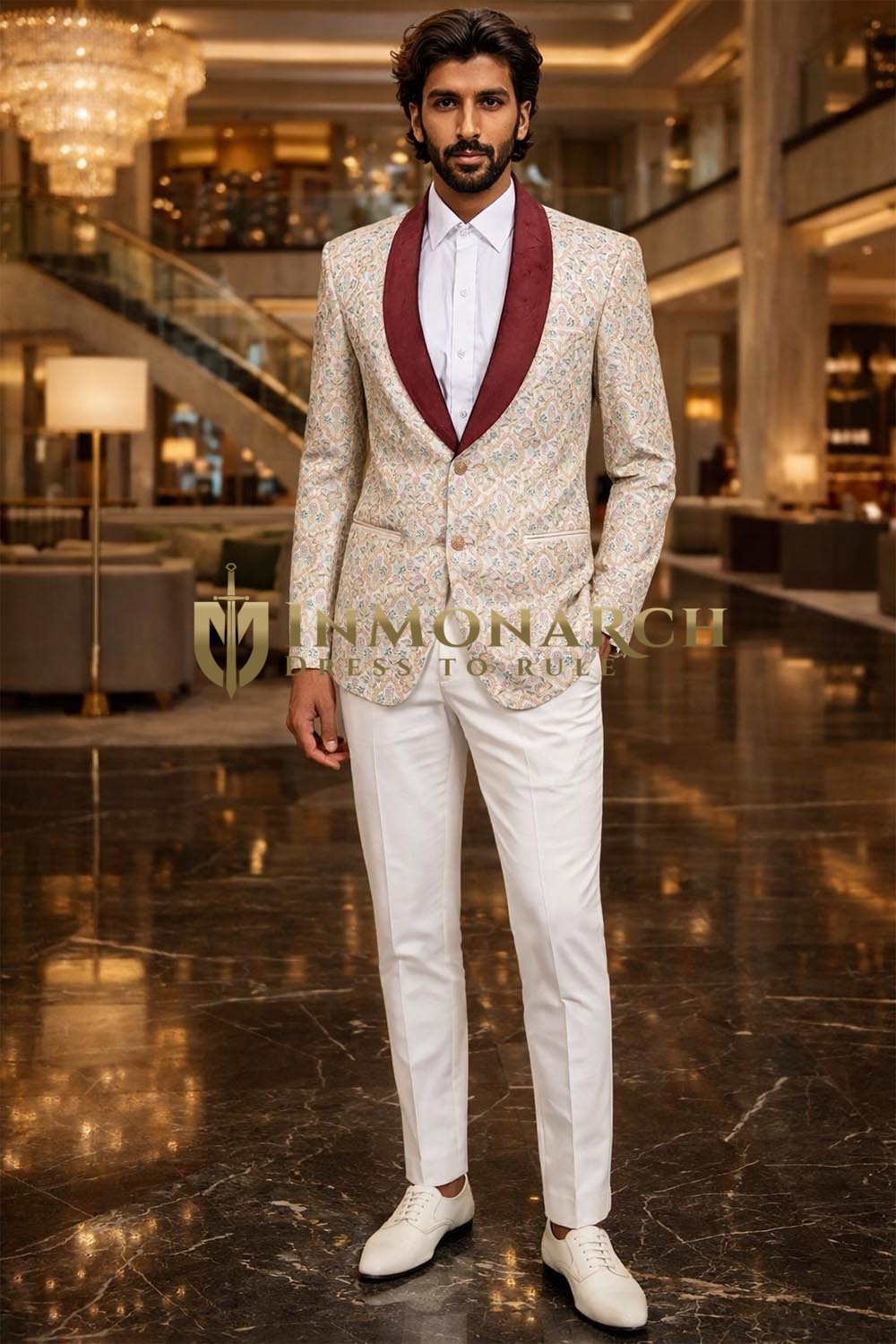 Mens Off White Floral Tuxedo Blazer Shawl Collar Wedding Party Wear Jacket