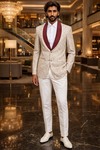 Mens Off White Floral Tuxedo Blazer Shawl Collar Wedding Party Wear Jacket
