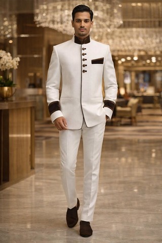Traje Jodhpuri blanco 5 botones 2 piezas