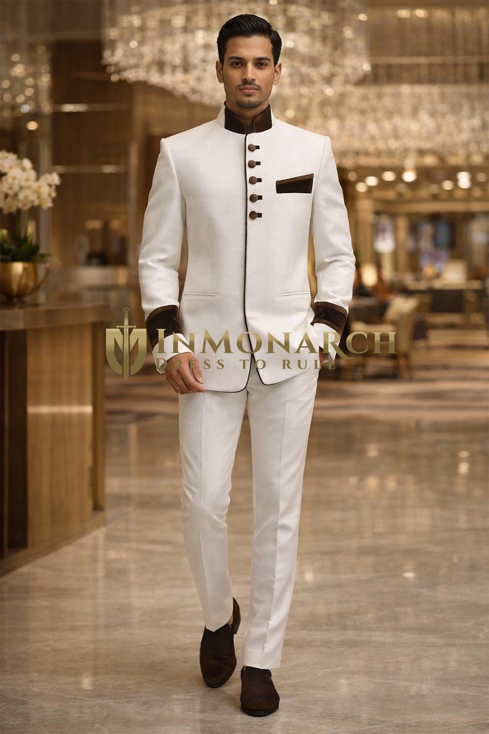 Traje Jodhpuri blanco 5 botones 2 piezas