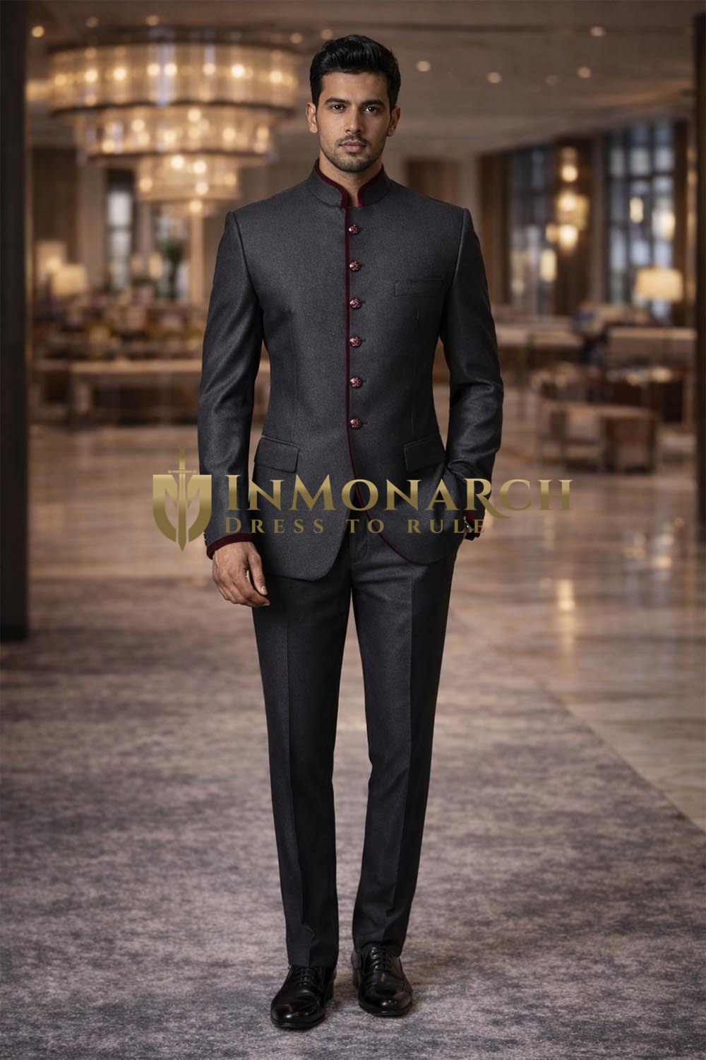 Mens Charcoal Gray Jodhpuri Suit 2 Piece Nehru Collar Groom Wedding Outfit