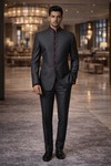 Mens Charcoal Gray Jodhpuri Suit 2 Piece Nehru Collar Groom Wedding Outfit