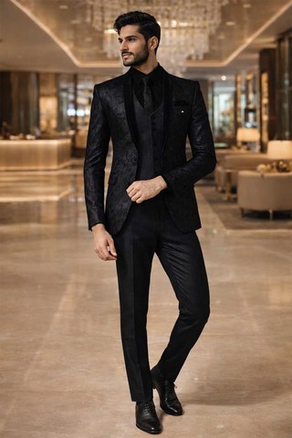 Traje tuxedo floral negro 7 piezas