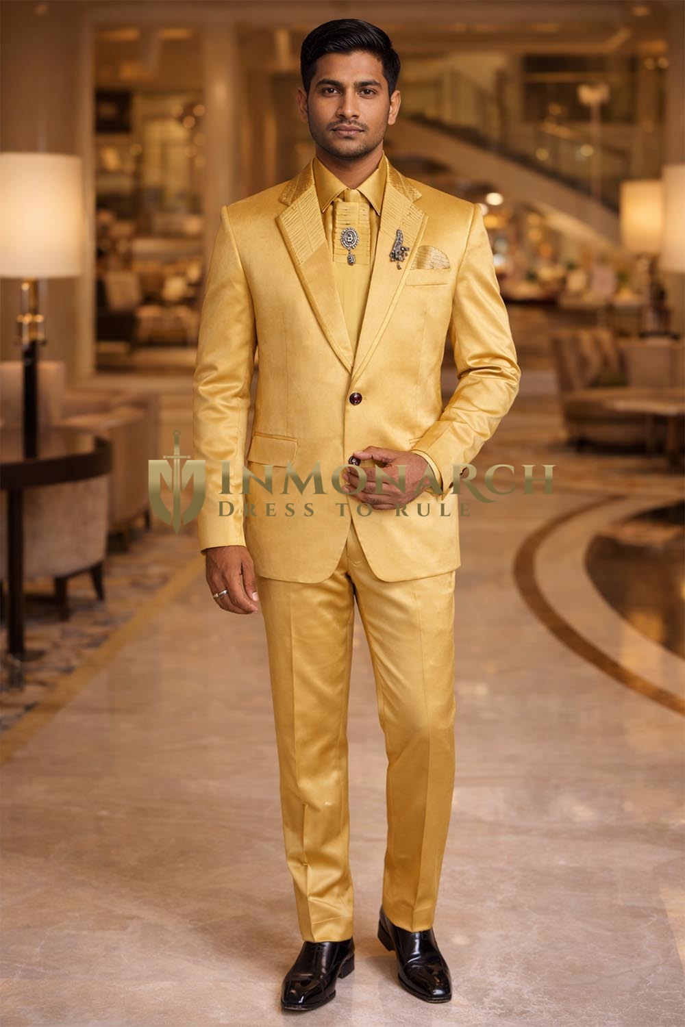 Mens Gold 7 Piece Tuxedo Suit Peak Lapel Groom Wedding Formal Outfit Set