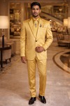 Mens Gold 7 Piece Tuxedo Suit Peak Lapel Groom Wedding Formal Outfit Set