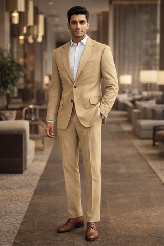 Mens Beige 2 Piece Suit for Groom Wedding Formal Tailored Outfit