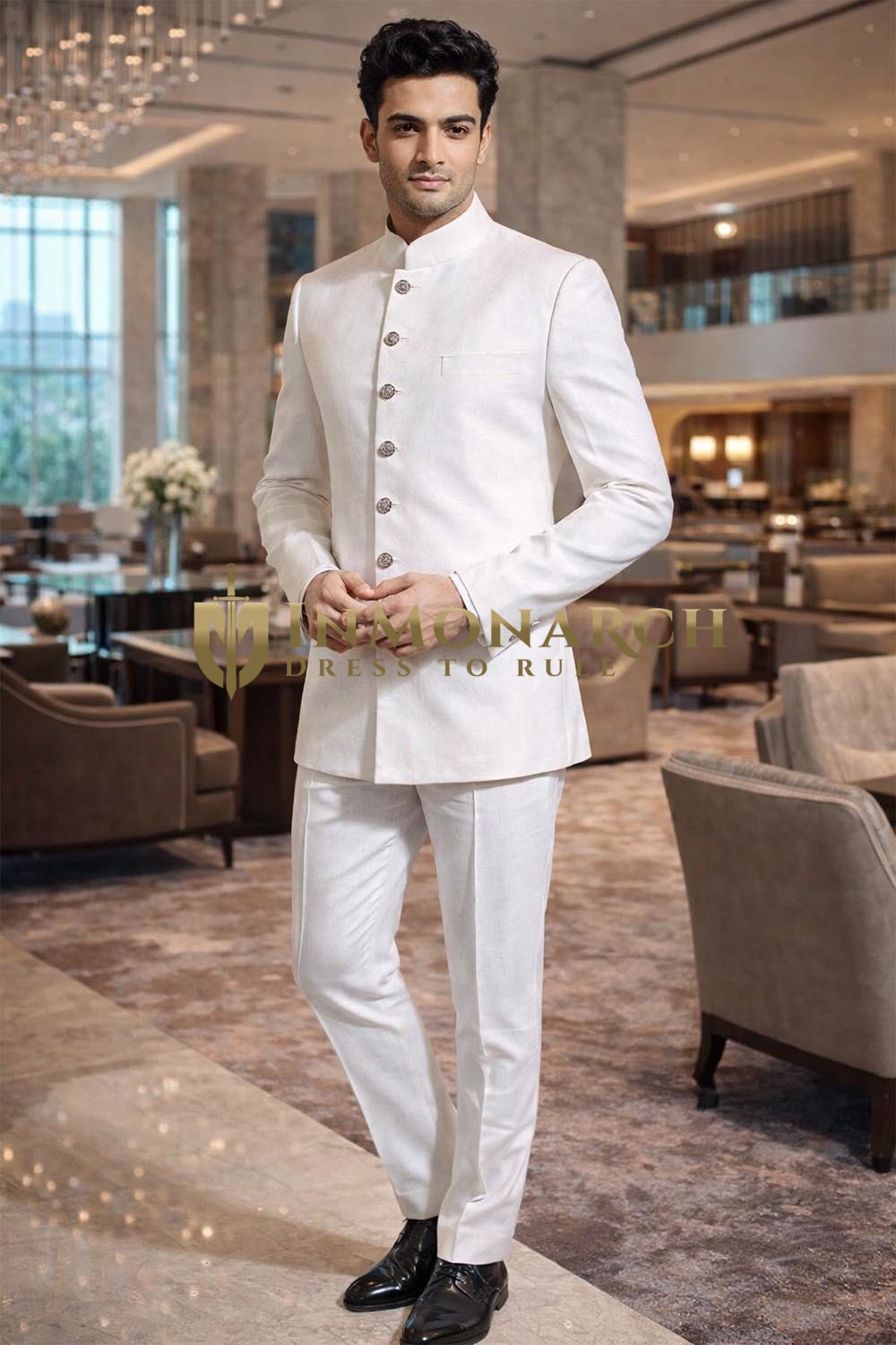 Mens White Linen Jodhpuri Suit Nehru Collar Groom Wedding Outfit