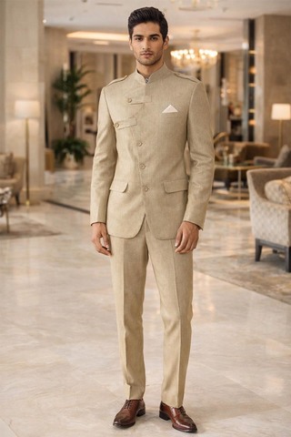 Mens Light Tan Linen Jodhpuri Suit 3 Piece Angrakha Groom Wedding Outfit