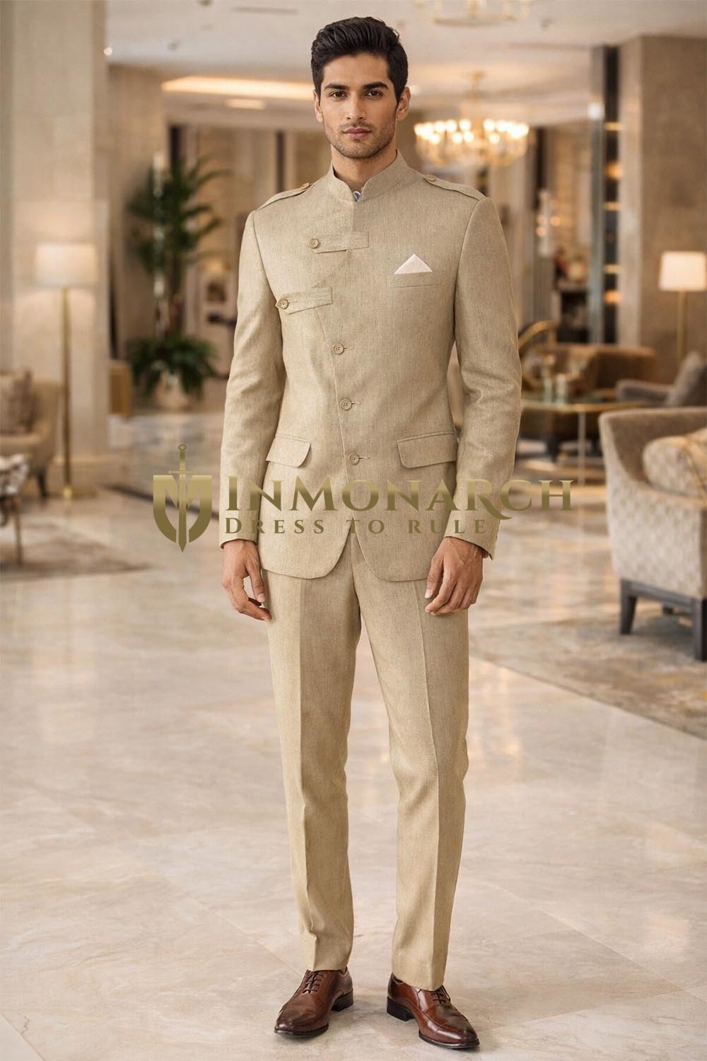 Mens Light Tan Linen Jodhpuri Suit 3 Piece Angrakha Groom Wedding Outfit