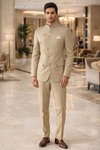 Mens Light Tan Linen Jodhpuri Suit 3 Piece Angrakha Groom Wedding Outfit