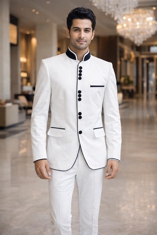 Mens White Linen Jodhpuri Suit 2 Piece Designer Nehru Collar Wedding Outfit