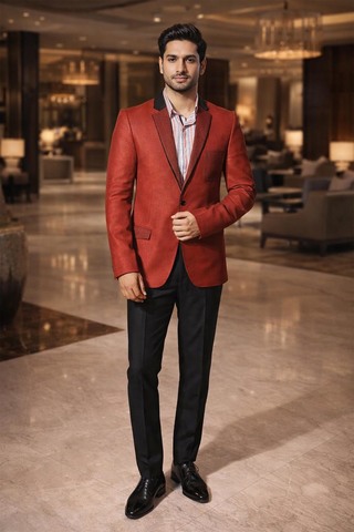 Mens Red Linen 2 Piece Suit Notch Lapel Groom Wedding Formal