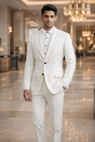Mens White Linen 2 Piece Suit Notch Lapel Groom Wedding Formal Outfit