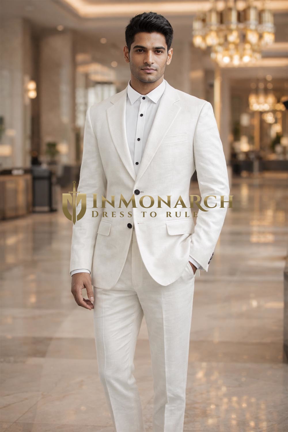 Mens White Linen 2 Piece Suit Notch Lapel Groom Wedding Formal Outfit