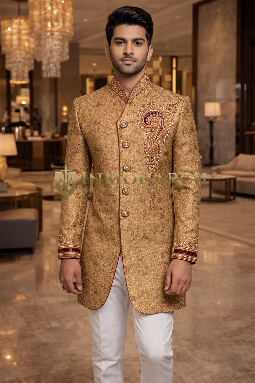 Mens Gold Indo Western Outfit Groom Wedding Designer 2Pc Fusion Wear for Men Sets