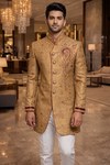 Mens Gold Indo Western Outfit Groom Wedding Designer 2Pc Fusion Wear for Men Sets